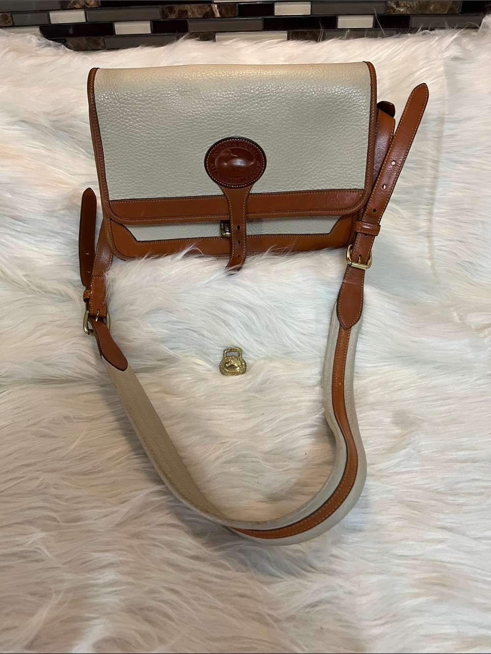 Vintage Dooney & Bourke Cream Pebbled Crossbody with Brown Trim